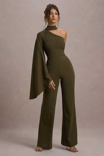 Fenix Khaki Asymmetric Cape-Sleeve Straight-Leg Jumpsuit